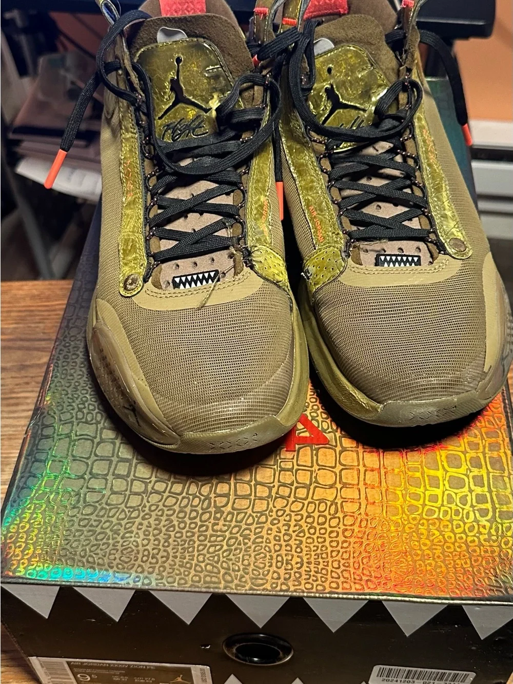 Jordan Men's Olive Green Athletic Sneakers with Orange Accents